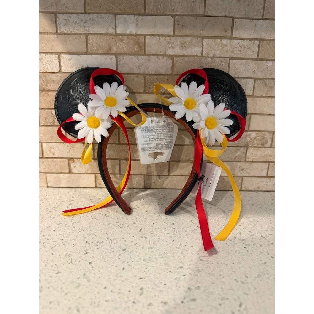 Disney Epcot Germany Minnie Mouse Ears Headband Daisies Red Yellow Ribbon